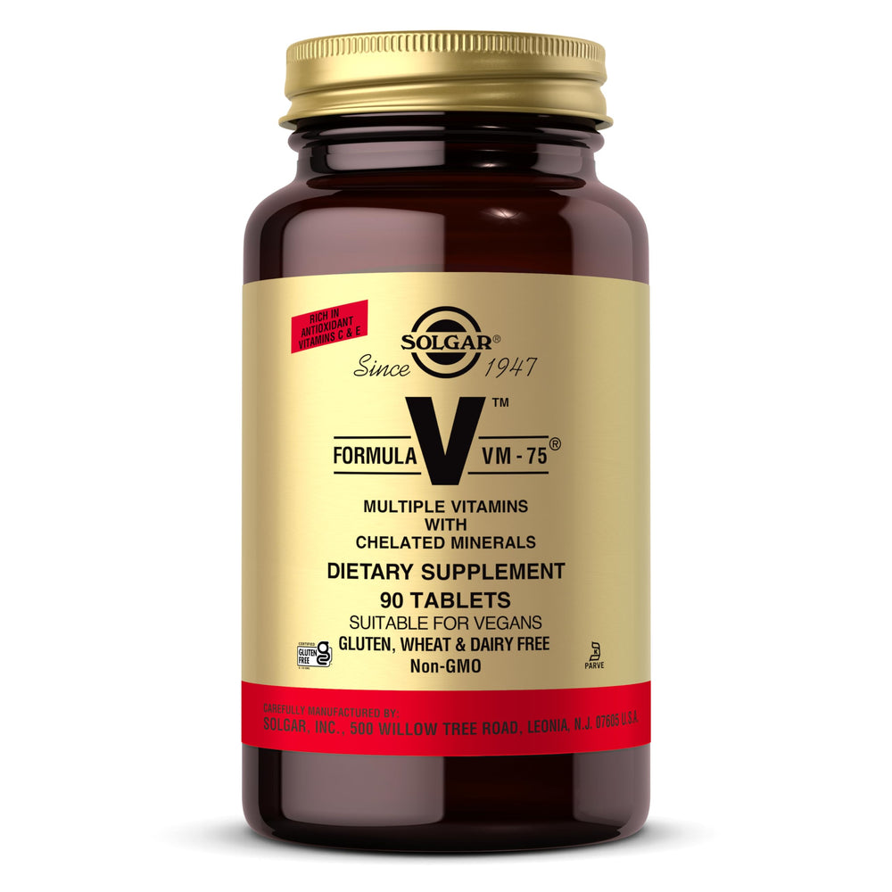 Solgar VM-75 bottle displaying 90 tablets front view