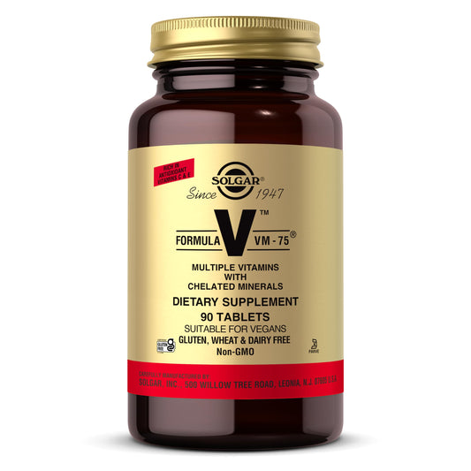 Solgar VM-75 bottle displaying 90 tablets front view