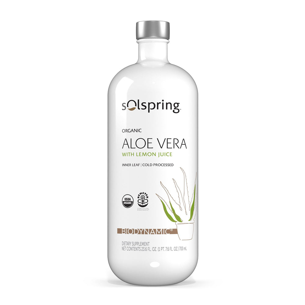Front view of Solspring Biodynamic Organic Aloe Vera Juice with Lemon bottle, 700 mL