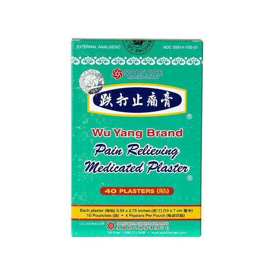 Solstice Wu Yang pain-relieving plaster packaging showing box for easy purchase.
