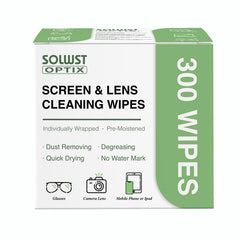 SOLWST Optix Lens Cleaning Wipes package showing 300 pre-moistened wipes
