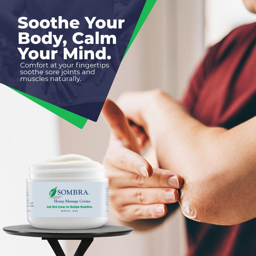 Person applying Sombra Hemp Massage Crème to skin