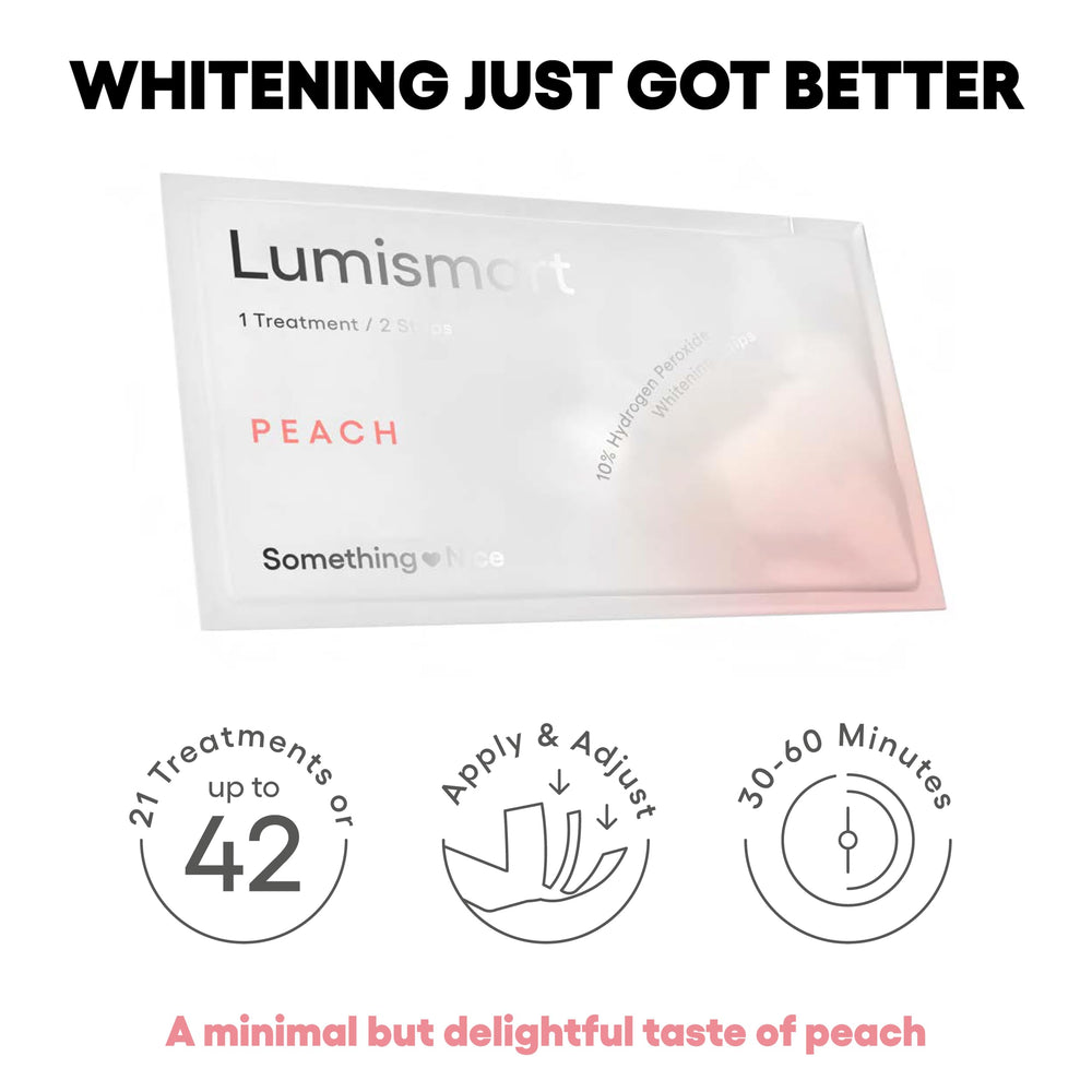 Peach whitening strip being applied to teeth