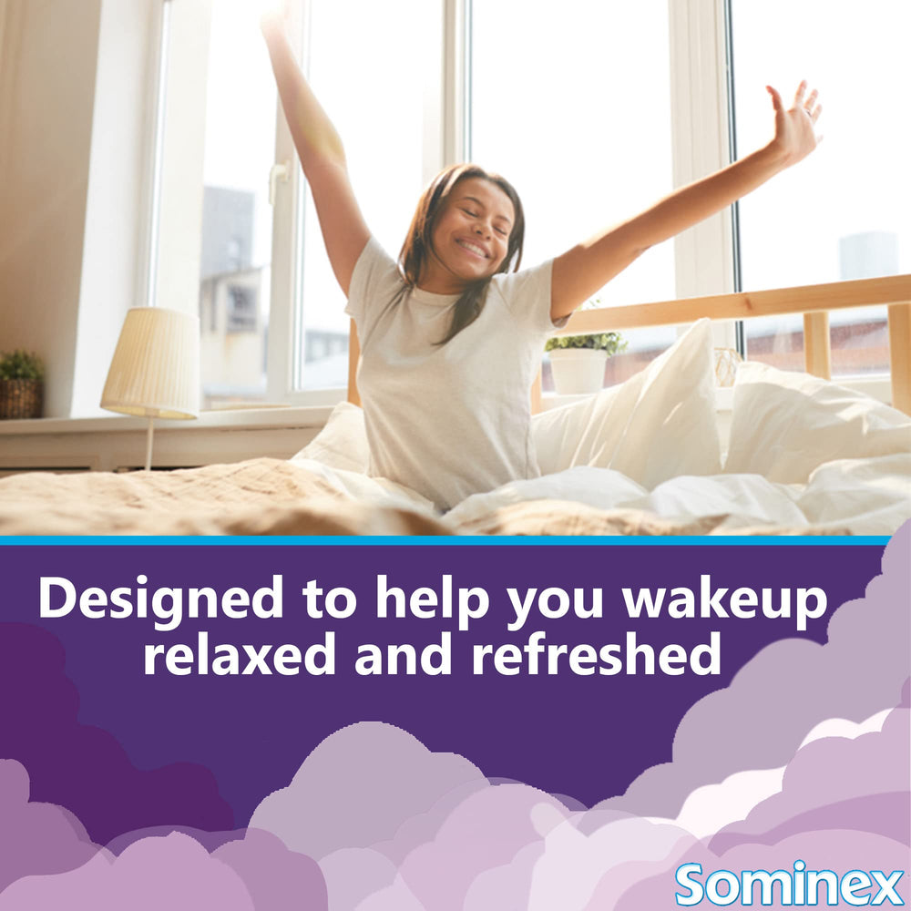 Sominex Nighttime Sleep-Aid bedroom scene conveys a restful night