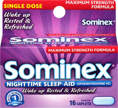 Informational graphic about Sominex Nighttime Sleep-Aid Caplets features