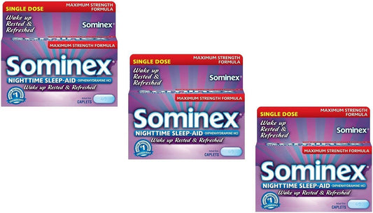 Front view of Sominex Nighttime Sleep-Aid Caplets pack