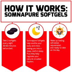 Somnapure Softgels on a nightstand with a calm bedside setup