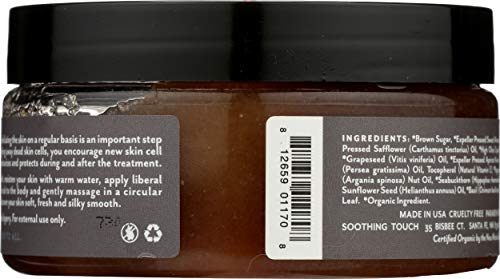 Soothing Touch brown sugar scrub label highlights natural ingredients and paraben-free formula.