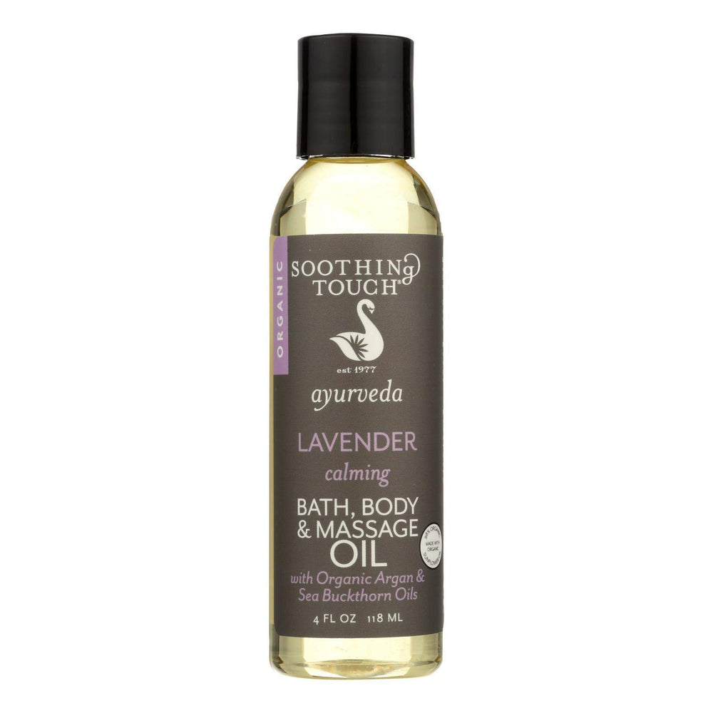 Soothing Touch Lavender Bath & Massage Oil bottle pour, highlighting calming aroma and organic ingredients.