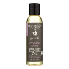 Soothing Touch Lavender Bath & Massage Oil bottle pour, highlighting calming aroma and organic ingredients.