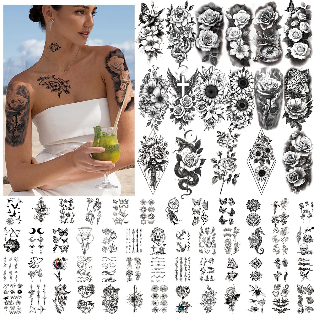 SOOVSY 92-sheets flower tattoos collection featuring large and small floral designs for easy style accents