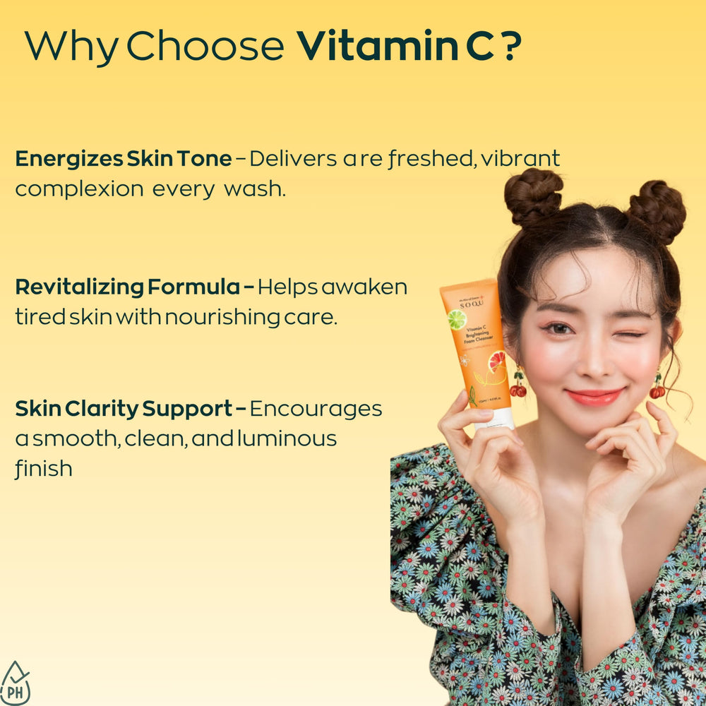 SOQU Vitamin C Brightening Foam Cleanser label close-up highlights trusted Korean formulation