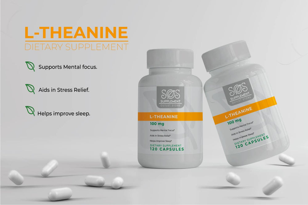 Packaging showing ingredients and supplement facts for SOS L-Theanine