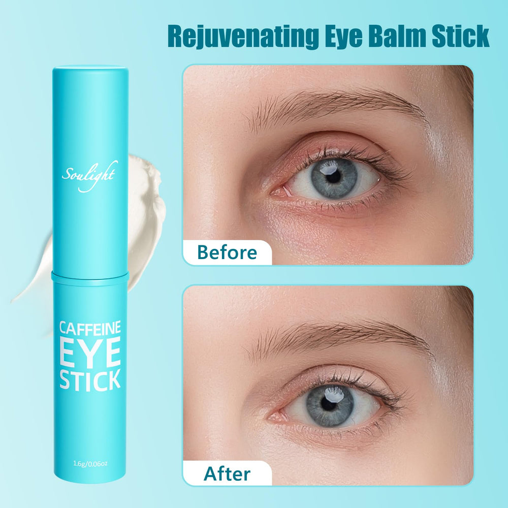 Soulight caffeine eye stick packaging label shows key ingredients and usage suggestions