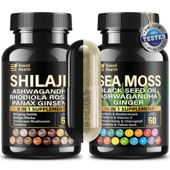 Two SoundHealth Wild Organic Irish Sea Moss & Shilajit bottles in the product box