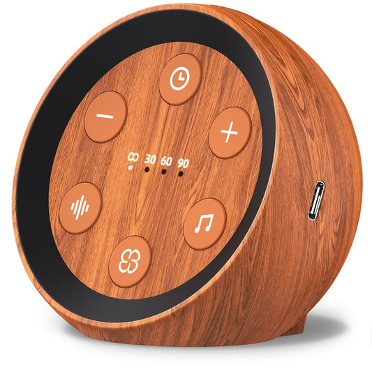 SoundMe battery-powered sound machine front view showcases travel-ready sleep aid with 32 sounds