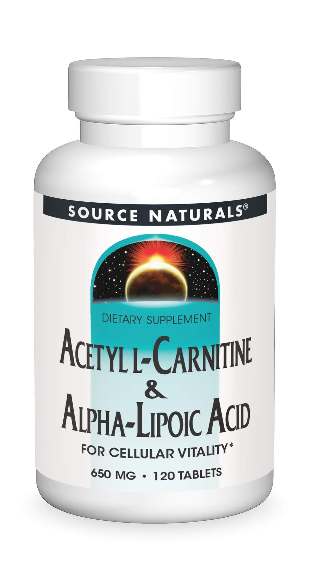 Bottle label for Source Naturals Acetyl L-Carnitine & Alpha-Lipoic Acid 650mg - 120 Tablets