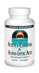 Bottle of Source Naturals Acetyl L-Carnitine and Alpha-Lipoic Acid 650 mg with 180 tablets