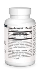 Ingredients panel for Source Naturals Acetyl L-Carnitine and Alpha-Lipoic Acid 650 mg