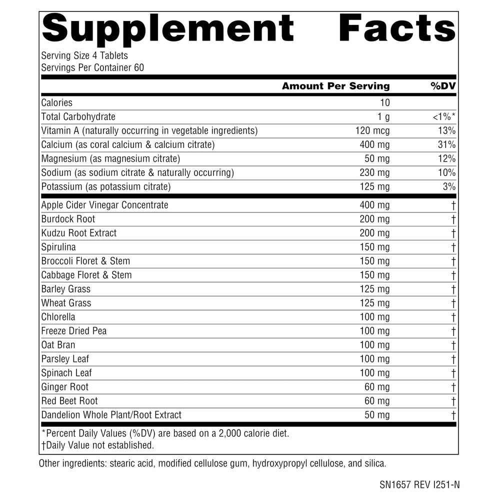 Back of Source Naturals Alkaline Balance bottle showing supplement facts