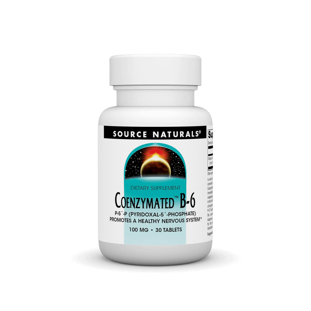 Bottle of Source Naturals Coenzymated B-6 100 mg - 30 tablets on white background