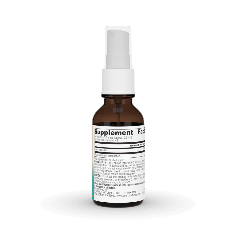 Side view of the 1 oz bottle with label showing 30 PPM colloidal silver