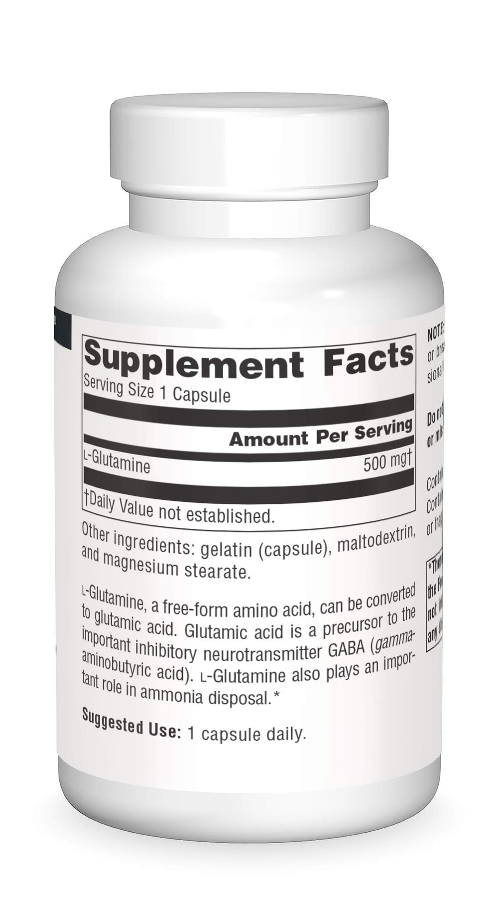 Capsules inside bottle of Free Form L-Glutamine 500 mg