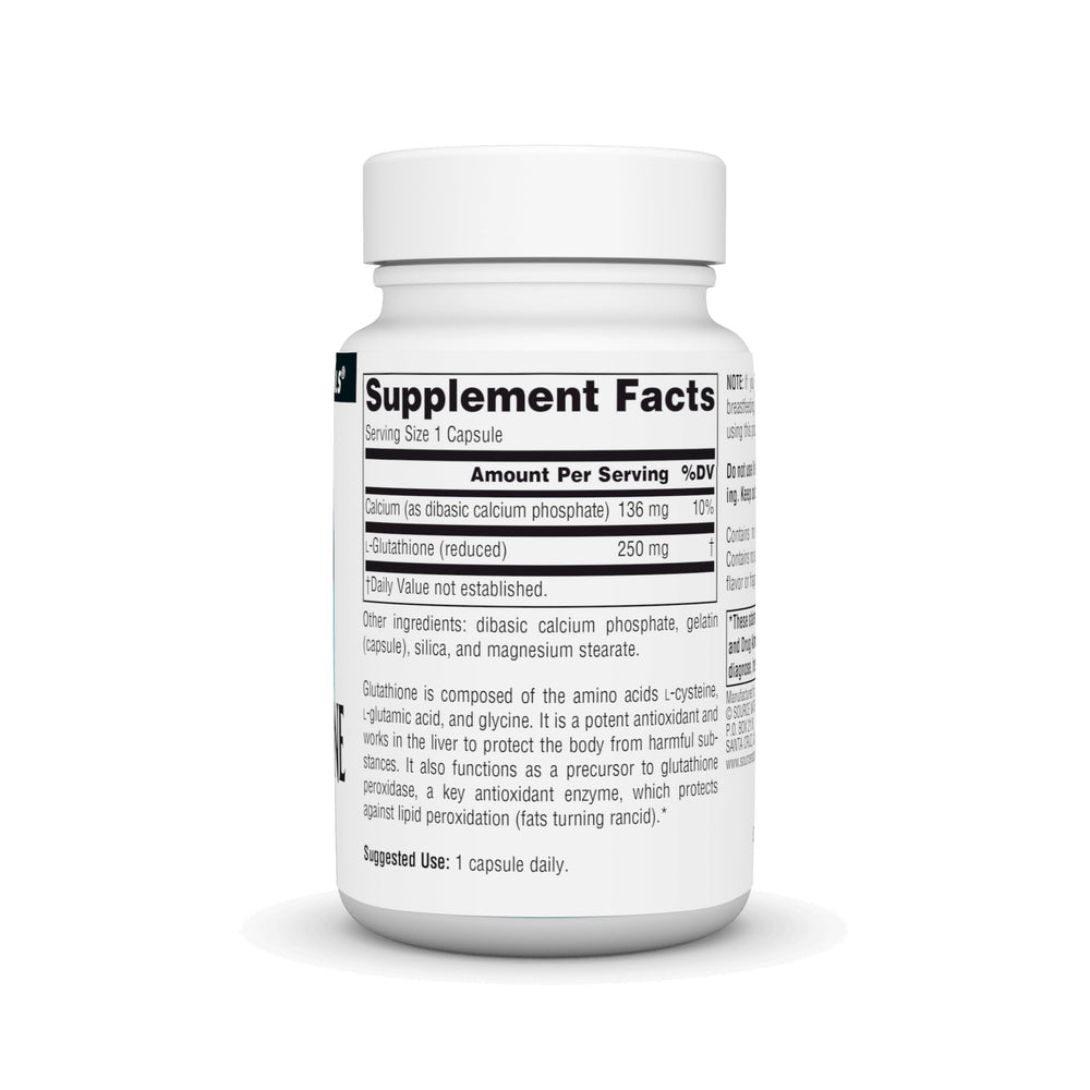 Close-up of Source Naturals Glutathione 250 mg label