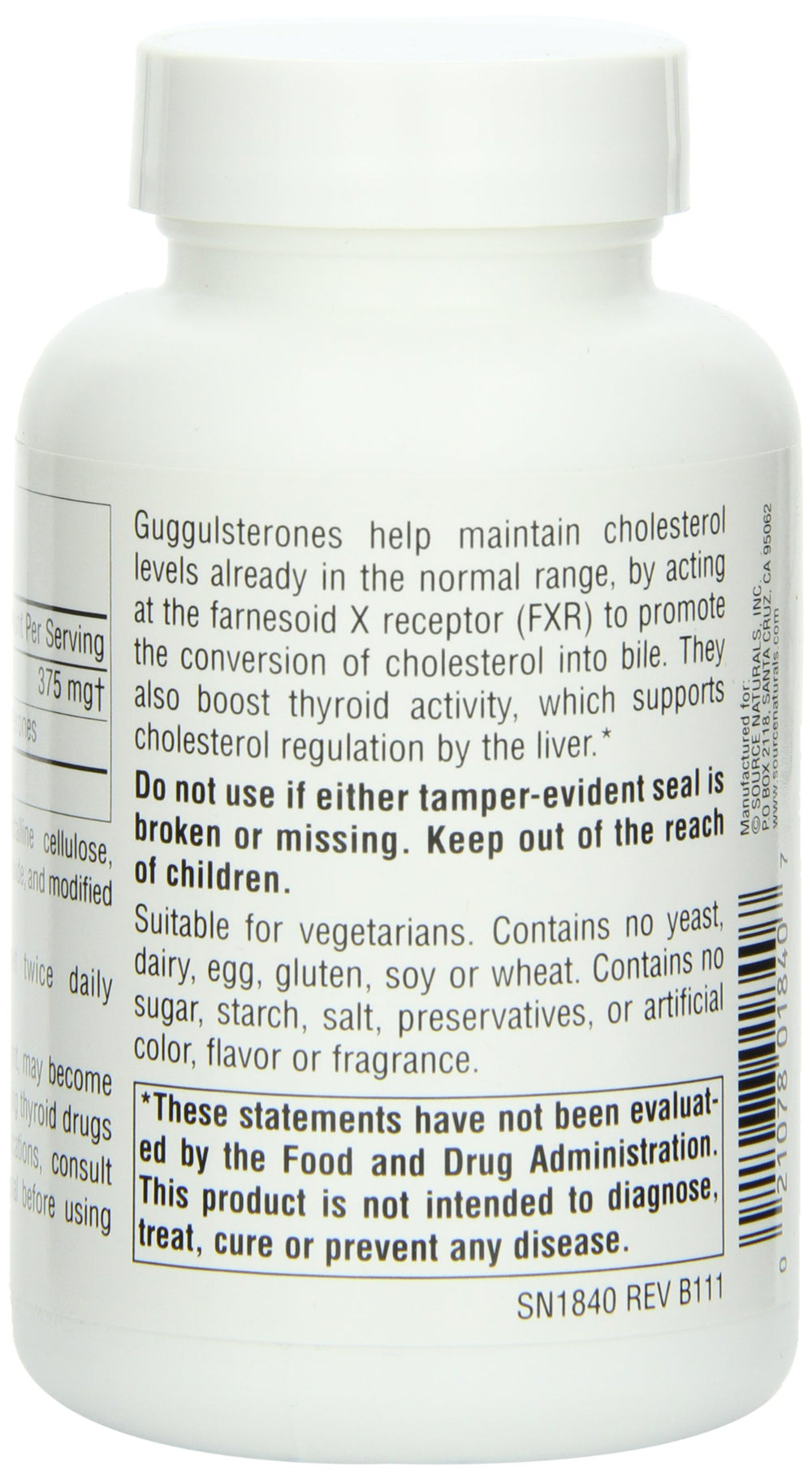 Supplement facts panel for Source Naturals Guggulsterones