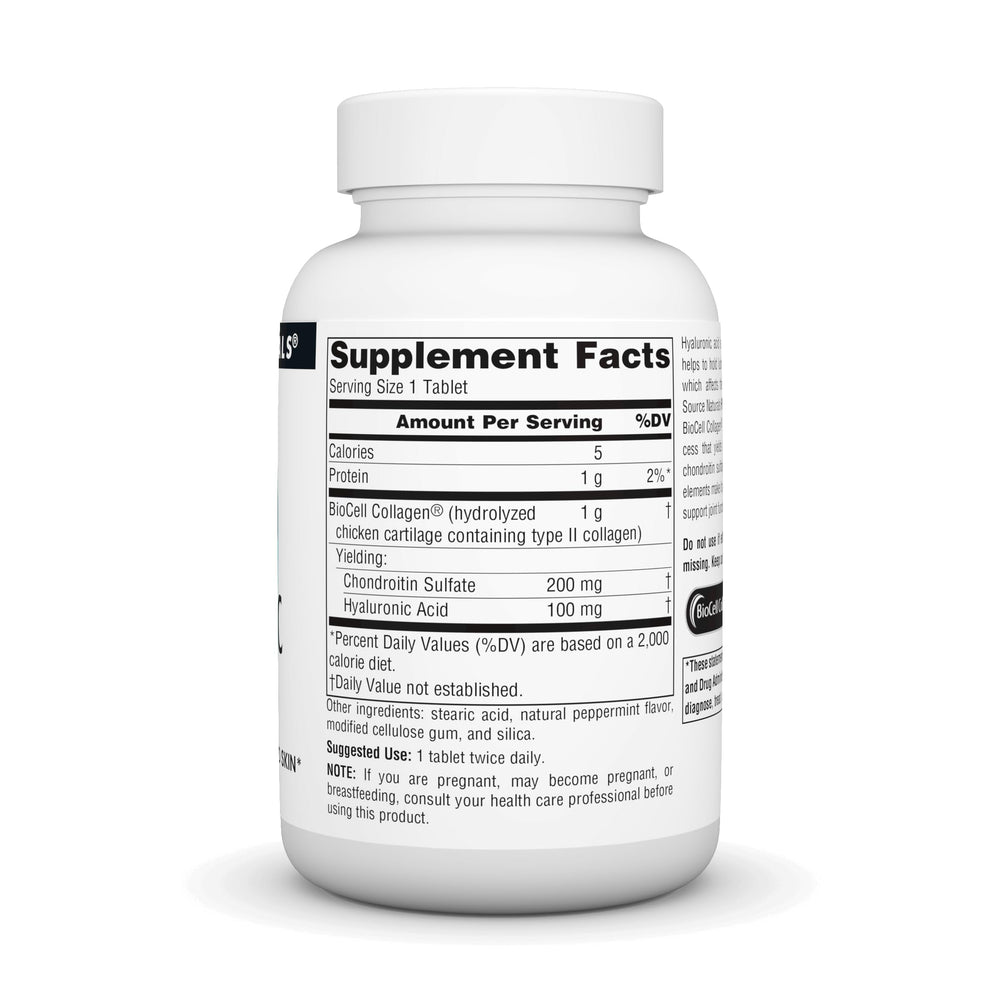 Close-up of Hyaluronic Acid supplement bottle label highlighting BioCell Collagen