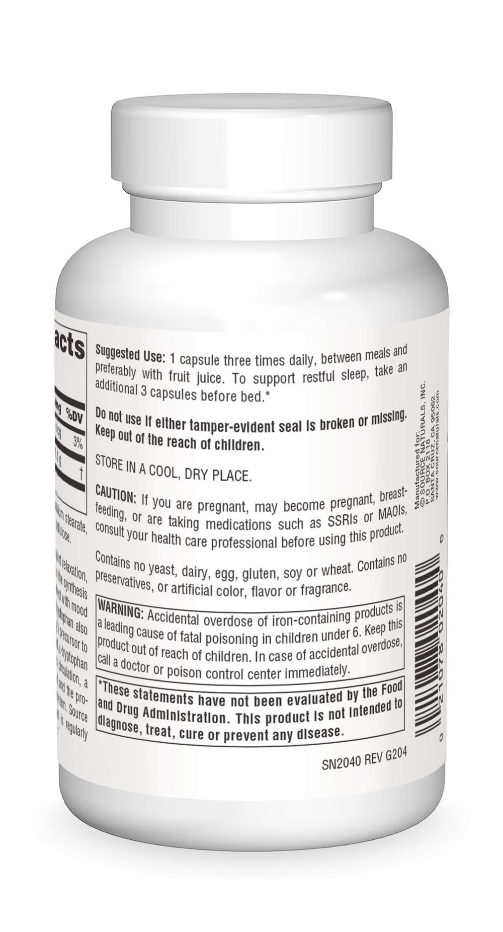 Close-up of Source Naturals L-Tryptophan 500 mg bottle label