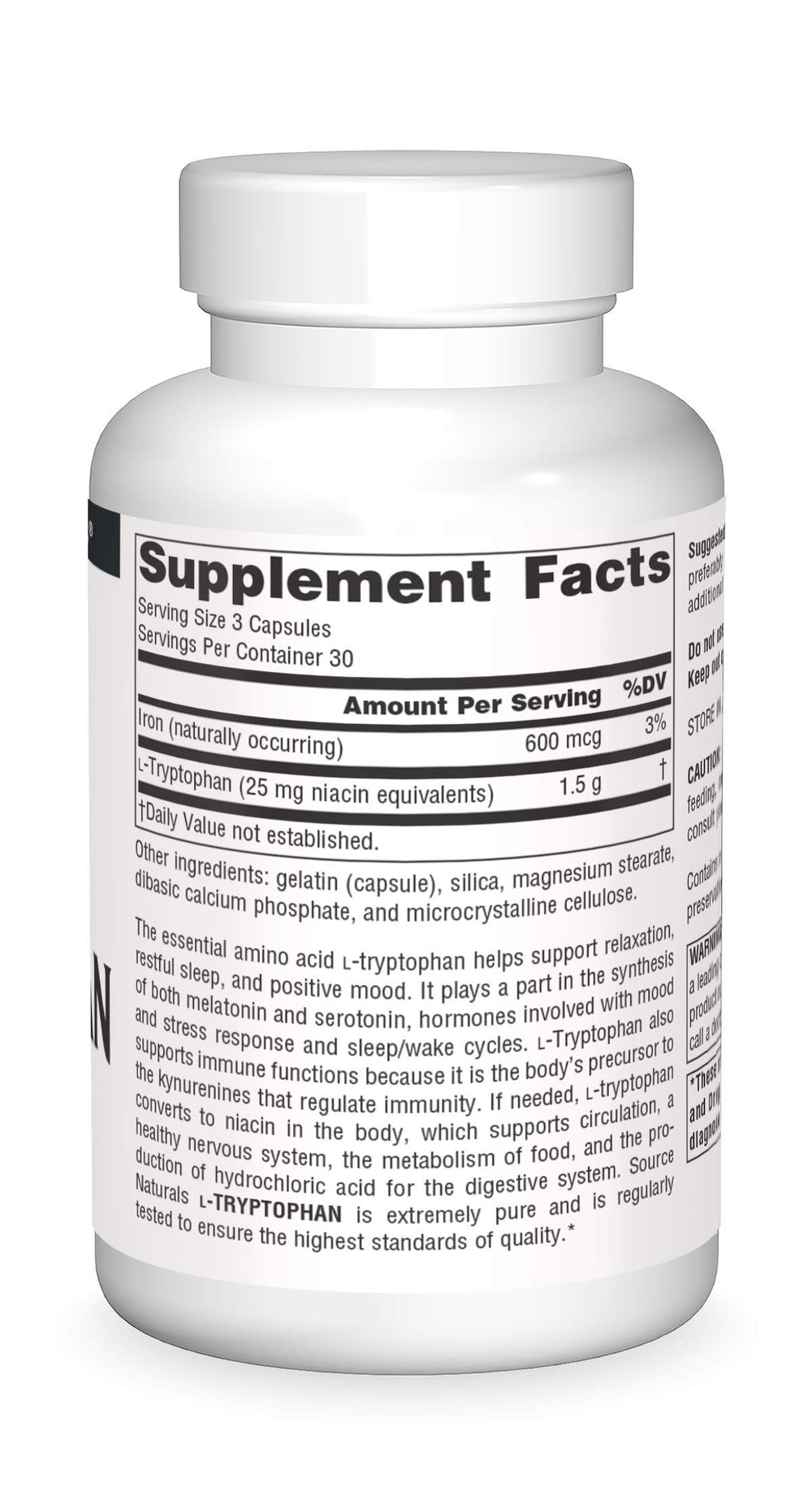 Source Naturals L-Tryptophan bottle and supplement facts panel