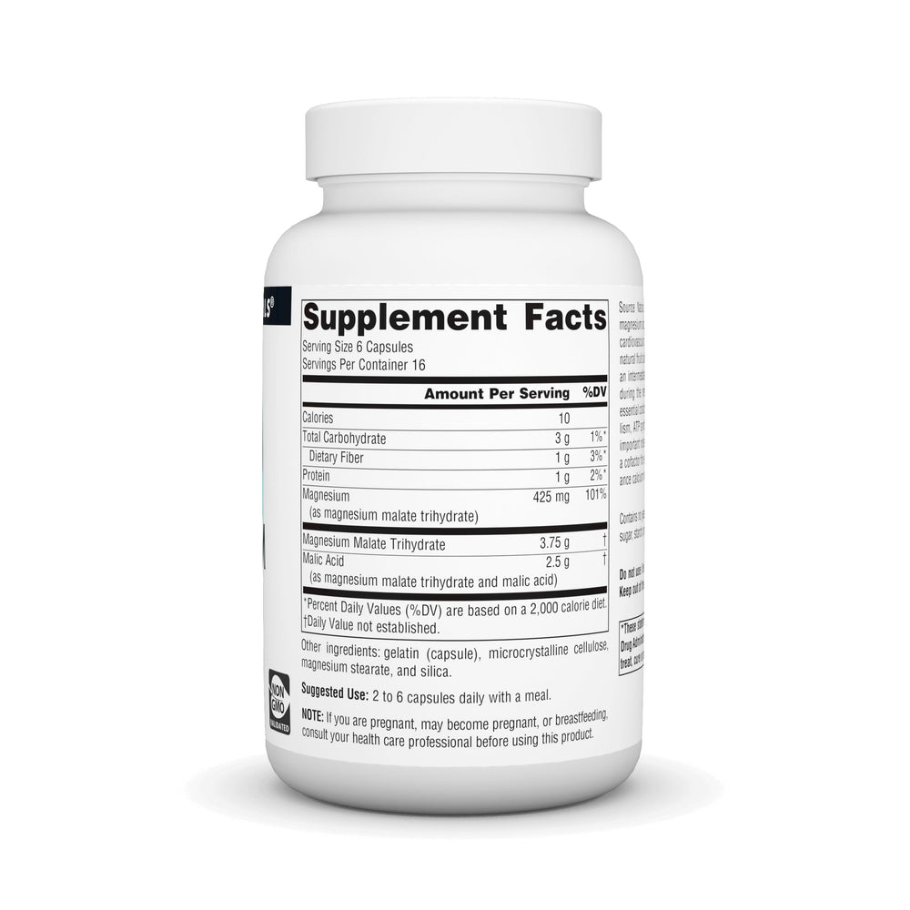 Magnesium malate capsules in a white bottle