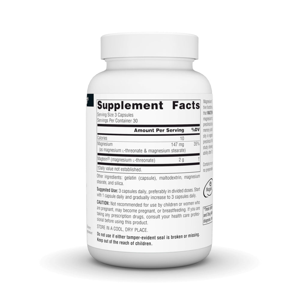 Product label for Magtein Magnesium L-Threonate 667mg 90 capsules
