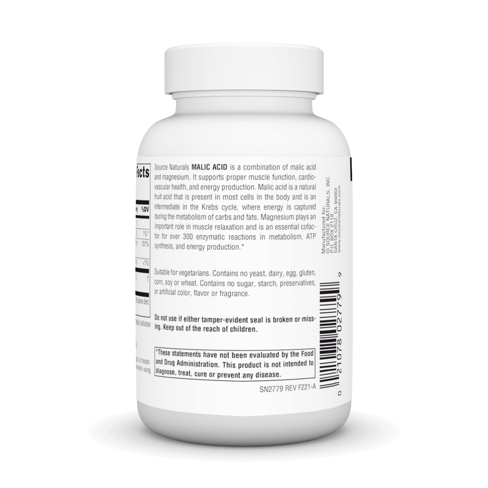 Label on Malic Acid bottle indicating 2500 mg dosage