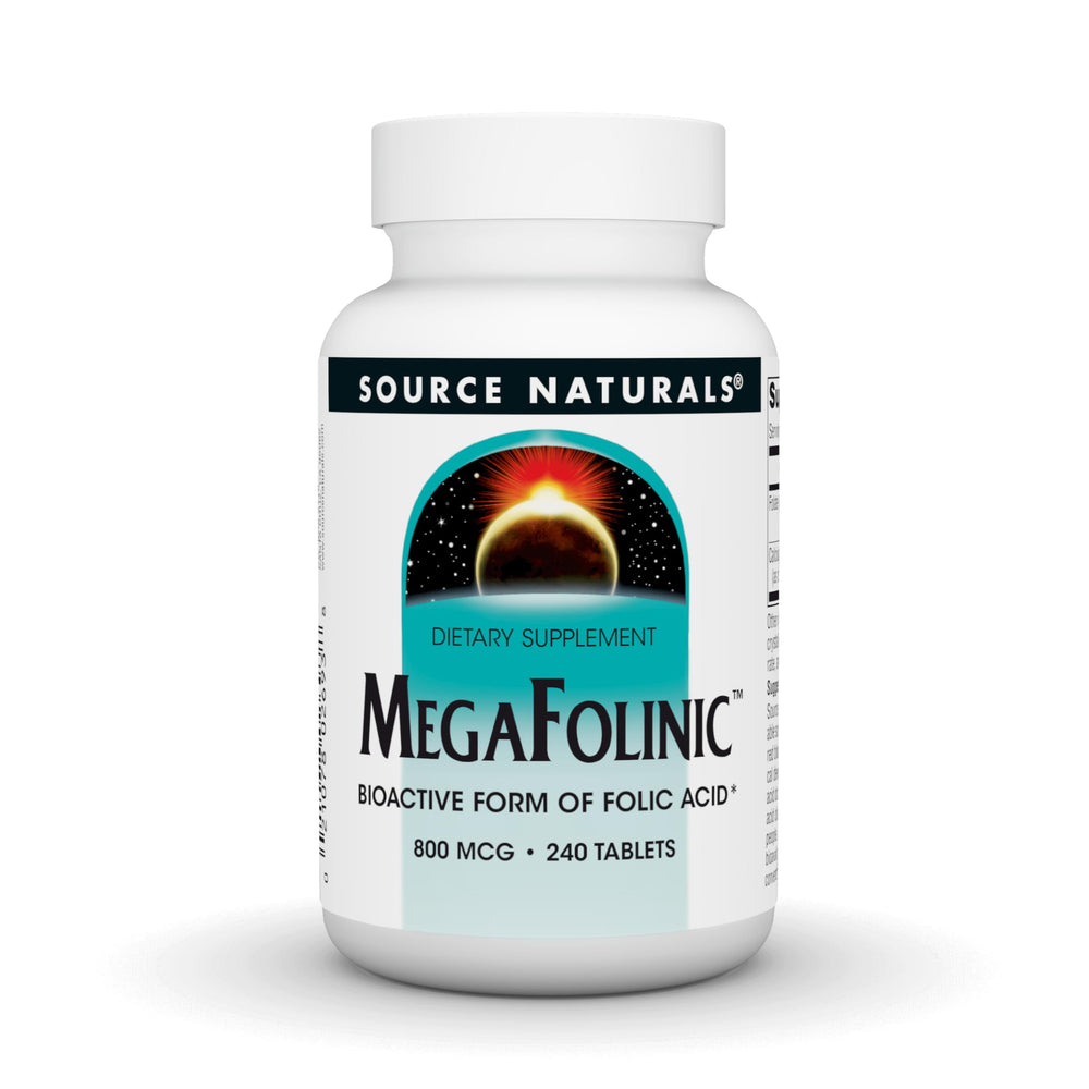 Bottle of Source Naturals MegaFolinic 800 mcg folic acid 240 tablets