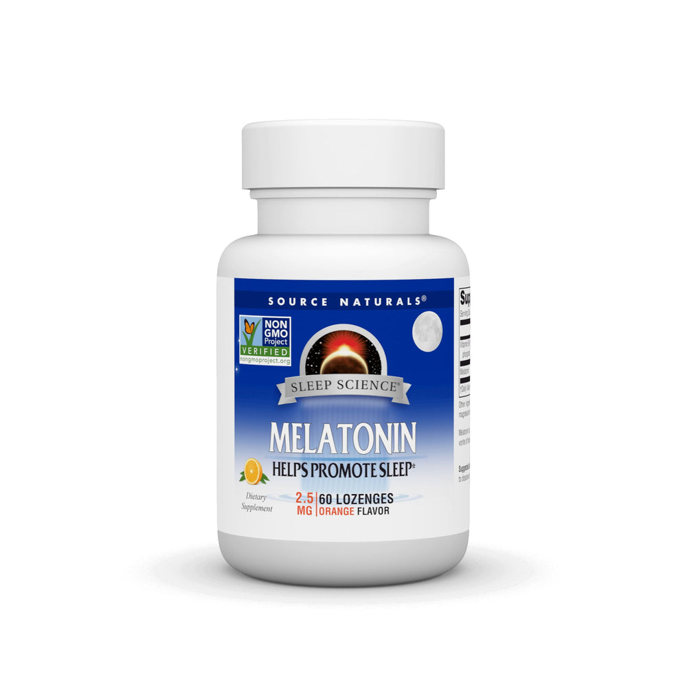 Front view of Source Naturals Melatonin 2.5 mg orange-flavored lozenges bottle
