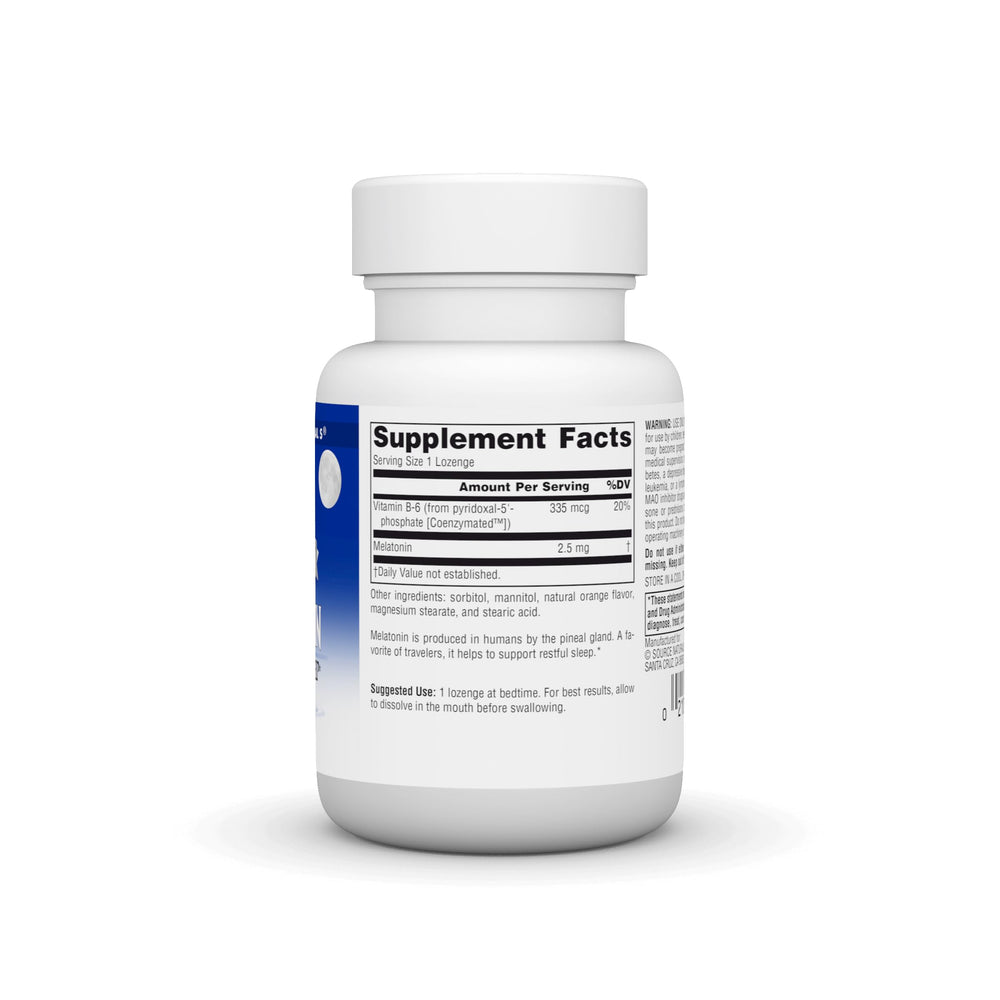 Side view of Source Naturals Melatonin lozenges orange flavor bottle