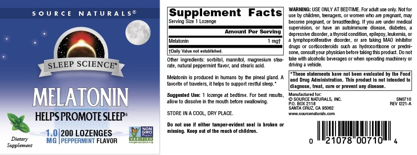 Packshot showing 200-count bottle of Source Naturals Melatonin Peppermint Lozenges