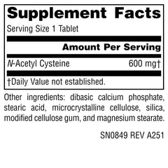 Supplement facts panel for NAC 600 mg