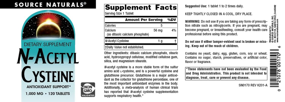 Nutrition label image for Source Naturals NAC 1000 mg 120 tablets