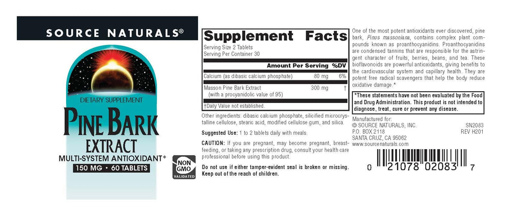 Supplement facts panel for Pine Bark Extract 150 mg tablets