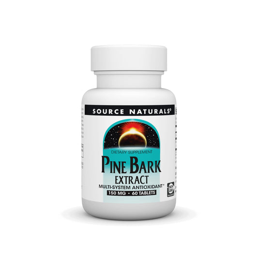 Source Naturals Pine Bark Extract 150 mg bottle with 60 tablets on a neutral background