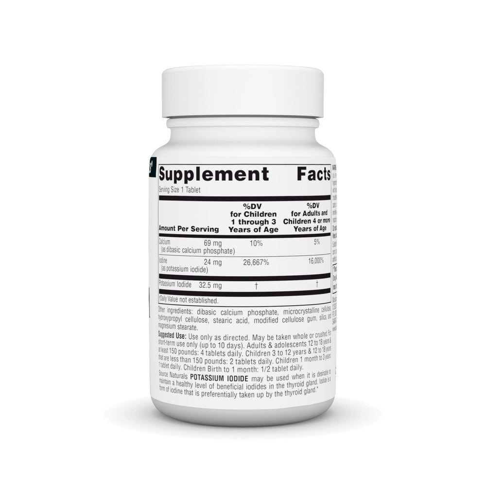 Back of bottle showing supplement facts and warnings for Source Naturals Potassium Iodide
