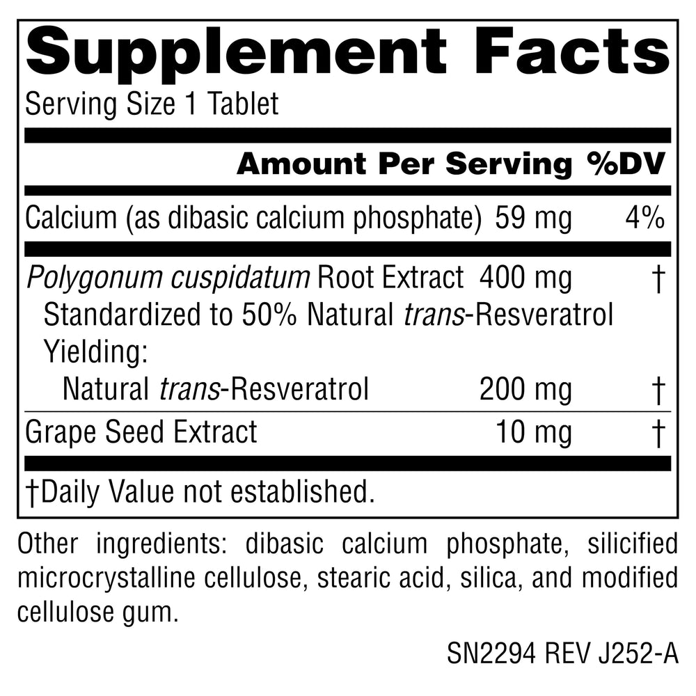 Close-up of the Resveratrol 200 supplement label
