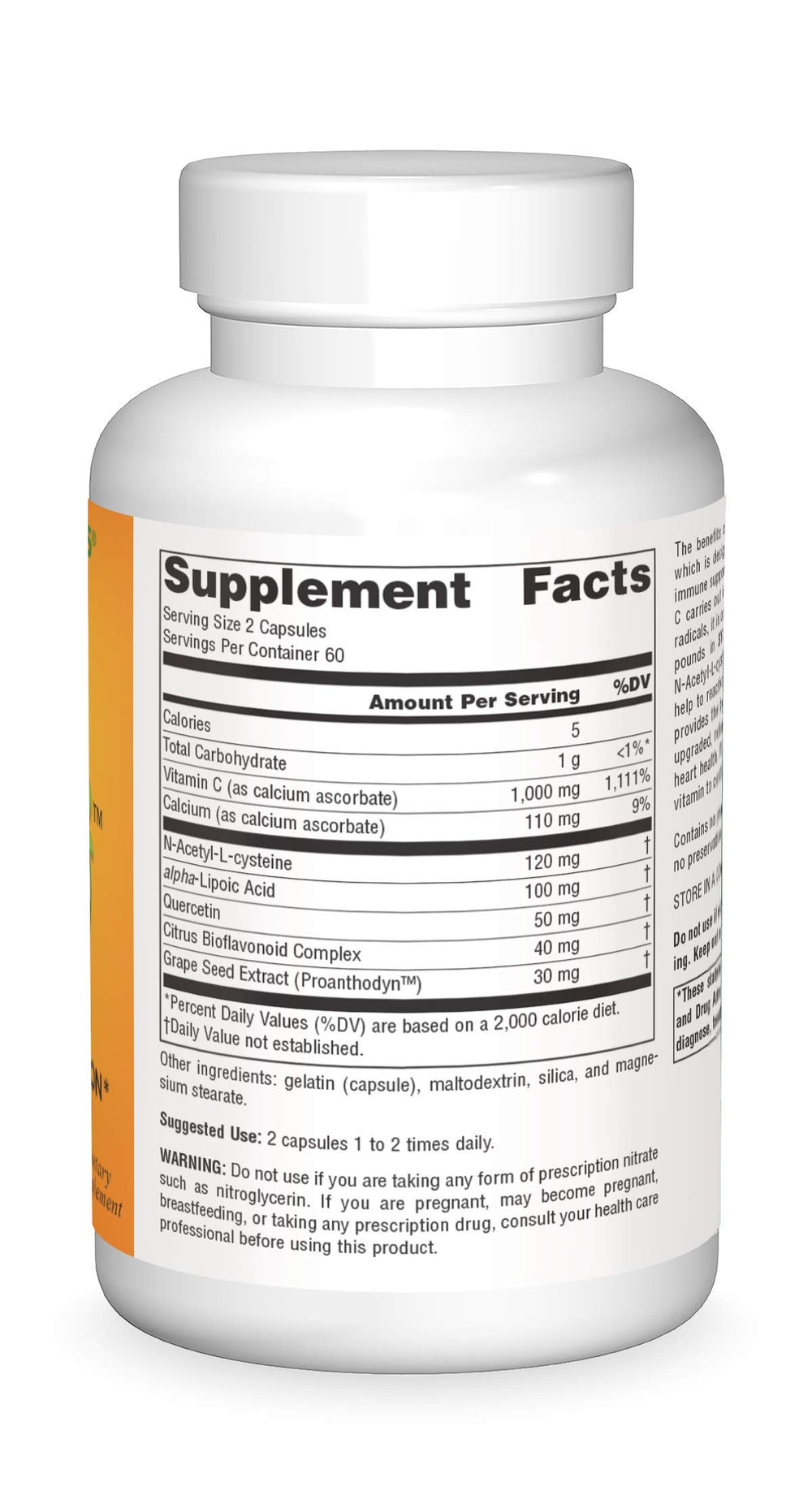 Supplement facts panel for Source Naturals Systemic C 500mg