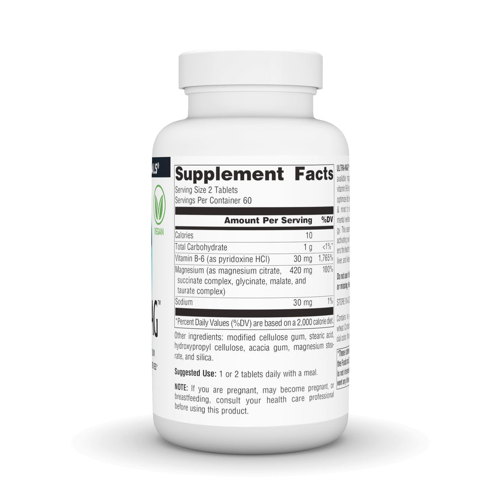 Close-up of Ultra-Mag label highlighting 5 bioavailable magnesium forms: citrate, taurinate, malate, glycinate, succinate