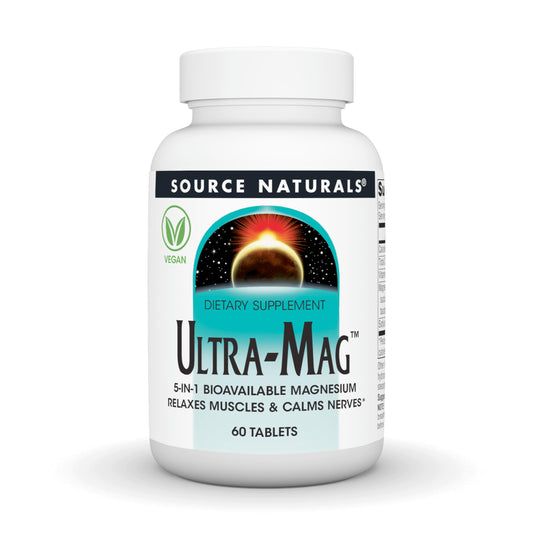 Front view of Source Naturals Ultra-Mag bottle with 60 vegan tablets