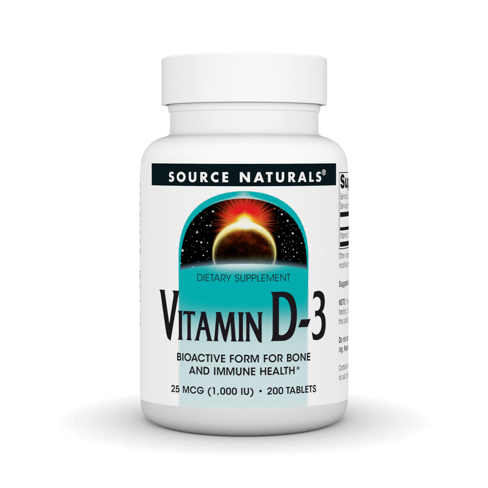 Front view of Source Naturals Vitamin D-3 1000 IU bottle with 200 tablets