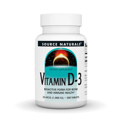 Front view of Source Naturals Vitamin D-3 1000 IU bottle with 200 tablets